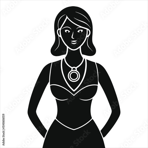 ( pendants) Elegant Woman Vector Silhouette with Necklace/A stylized black and white silhouette of a woman, possibly a graphic design or icon.