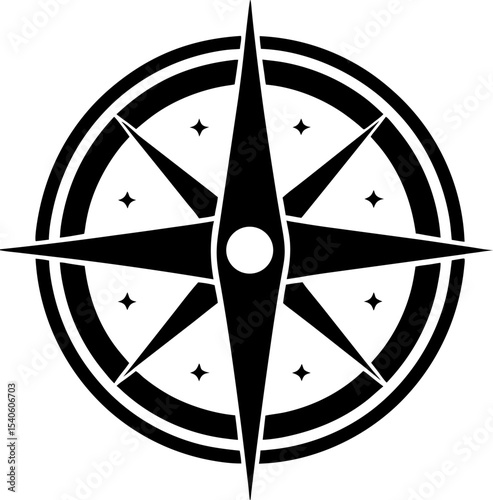 A clean minimalistic black and white compass rose symbol illustrating navigation and direction guidance concept