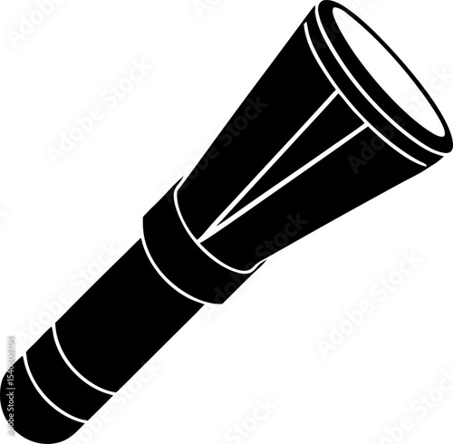 A bold silhouette illustration of a flashlight against a white background featuring clean lines and striking contrast suitable for various design projects