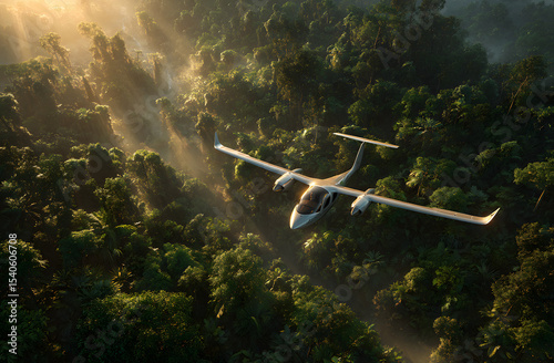 Eco-friendly plane flies above green trees. Sustainable travel concept. Clean energy aviation in nature. Future eco-friendly transportation. Airliner in sky. Natural scenery. Modern clean air
