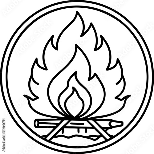 A simple campfire illustration featuring a circular outline of flames and wooden logs perfect for camping outdoor adventures and various design projects.
