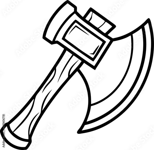 A detailed black and white illustration of a battle axe featuring a wooden handle and sharp blade ideal for various design projects