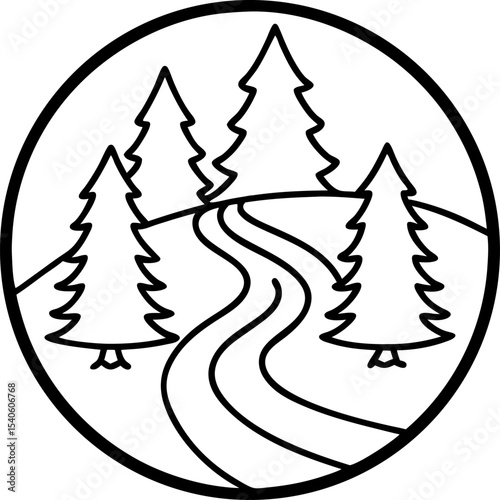 Black and white forest road illustration encased in a circle depicting nature and outdoor adventure as a logo or emblem design