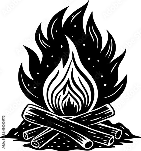 Black and white campfire illustration burning flames bonfire with firewood and campfire outline for camping travel or adventure designs
