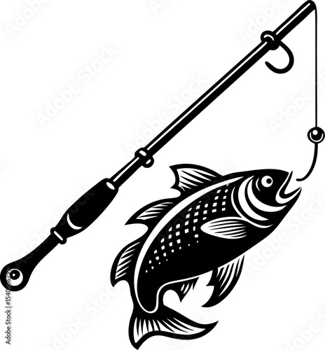 Black and white illustration of a fish being caught with a fishing rod symbolizing angling and leisure