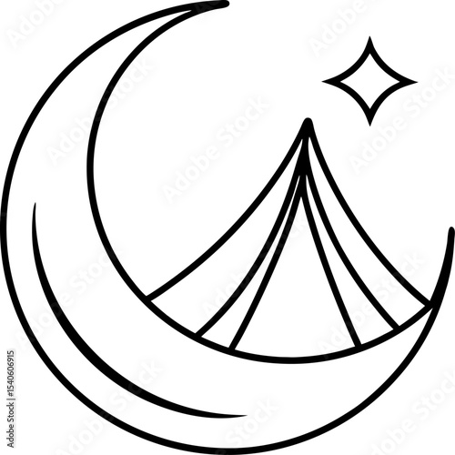 Crescent moon with tent and star outline illustration suitable for logo or decorative element symbolic of adventure or serenity