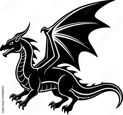 Fierce black dragon silhouette illustration in a classic heraldic style perfect for emblems logos fantasy designs and creative branding applications