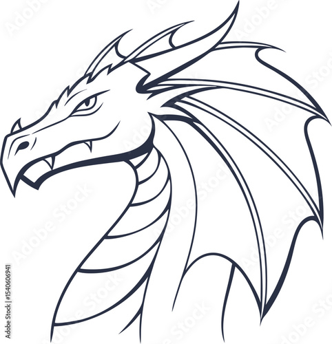 Fierce dragon head profile in outline style with wing features depicting mythical creature artwork for fantasy designs and conceptual creative projects