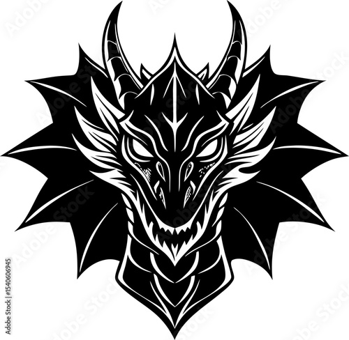 Fierce dragon head in black and white decorative stylized illustration for graphic design and fantasy concepts