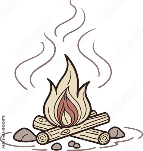 Hand drawn camping bonfire illustration with burning flames and steaming smoke over a log pile and stones for outdoors activities