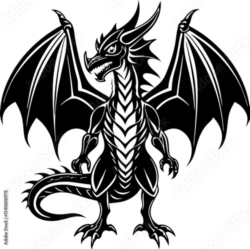 Fierce dragon illustration in black and white displaying wings and sharp claws ready for action depicting power and fantasy