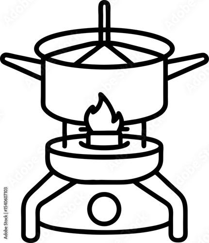 Simple line art illustration of a cooking pot over a portable camping stove preparing food outdoors