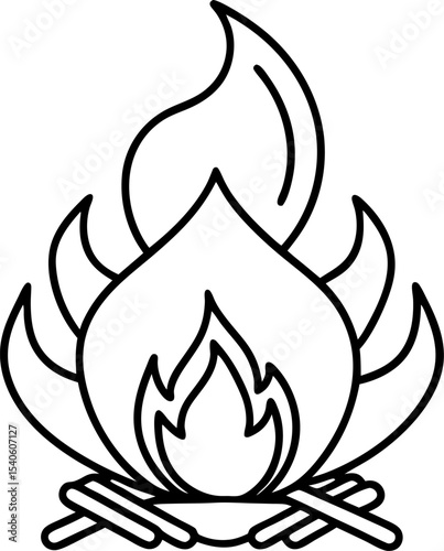 Simple black and white illustration of a campfire flames burning with burning wood a great design element