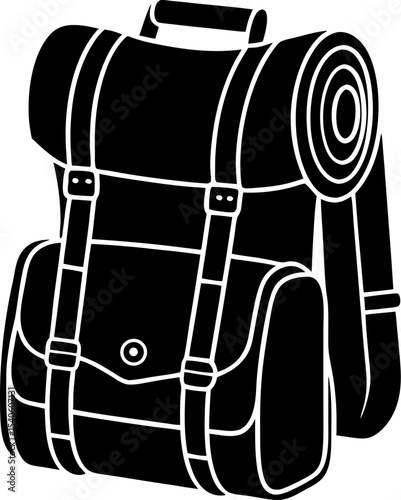 Vector illustration of a classic black and white backpack ready for outdoor adventures camping and exploration with a simple clean design