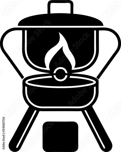 Vector illustration of a black and white fondue pot with a burning flame representing culinary delight