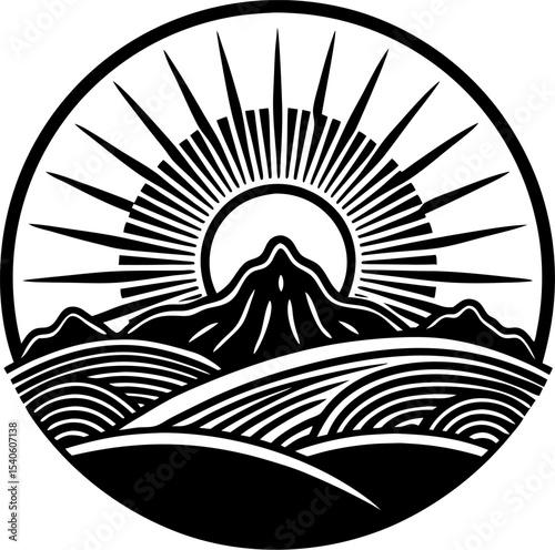 Sunrise over mountain range in a circular design with flowing hills and a sense of peace and natural beauty