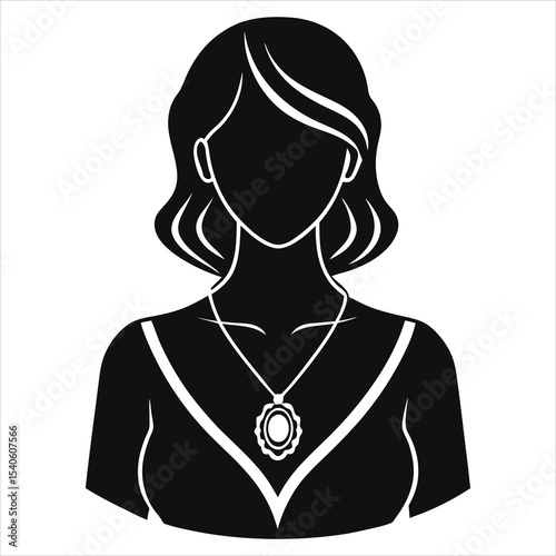 ( pendants)Stylish woman vector silhouette with necklace, perfect for fashion design./Elegant black and white silhouette of a woman wearing a necklace with a decorative pendant.