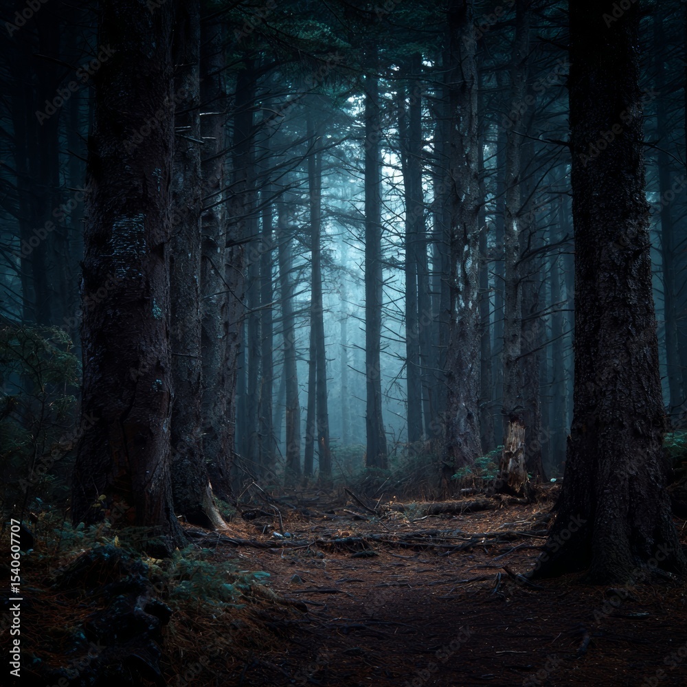 Naklejka premium A Mysterious Dark Forest Path Through Tall Trees. A haunting scene of a forest path with trees shrouded in fog, creating a sense of mystery. The tall trees create a canopy overhead.