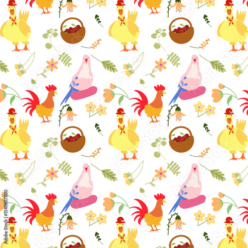 Pattern con graziosi animali della fattoria, piccioni, galli e papere e fiorellini