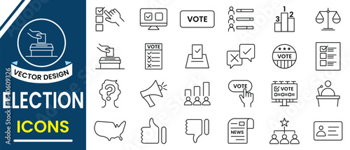 Election and vote icon vector set. Collection of line election, vote symbol, democracy, vote, government,  Voting Box, Election Day vector collection. Vector illustration.