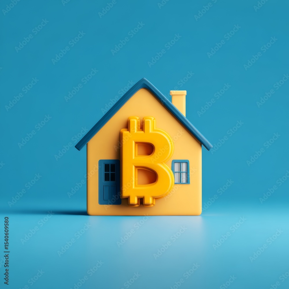 Bitcoin house, digital currency, cryptocurrency investment, real estate, homeownership, financial security, future of finance, Bitcoin symbol, house model, yellow house, blue background. Bitcoin house, digital currency, cryptocurrency investment, real estate, homeownership, financial security, future of finance, Bitcoin symbol, house model, yellow house, blue background.