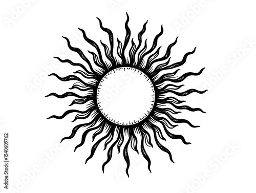 Hand drawn mystical Sun in line art. Sunburst, light rays, spiritual symbol celestial space. Magic talisman, antique style, boho, tattoo, logo. Vector illustration isolated on white background.
