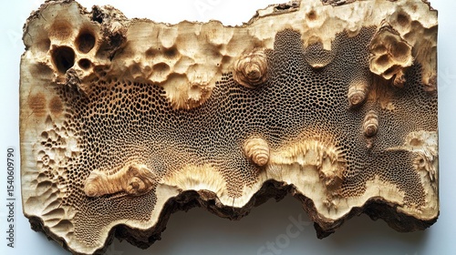 A termite-eaten tree trunk displays the intricate patterns of naturea??s decay, symbolizing environmental neglect. photo