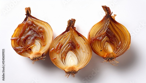 caramelized onion bulbs cut in half shot from above on white background