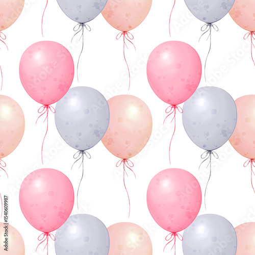 Seamless Pattern with pink and blue air Balloons in watercolor style.. Hand drawn illustration in pastel colors. Cute backdrop for baby shower, birthday, party, wrapping paper, textile design.