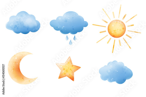 Vector stylized illustrations of clouds, rain, sun, crescent moon, star. Set of elements for weather design in watercolor style.