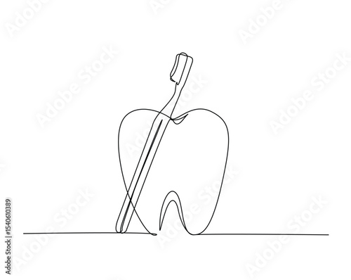 Tooth and toothbrush outline illustration. Continuous line drawing of dental health.