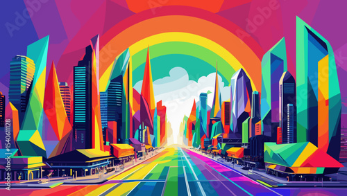Vibrant cityscape with colorful geometric skyscrapers and a rainbow arching over the road