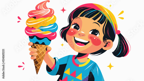 Happy child holding a colorful ice cream cone with a big smile on a bright background
