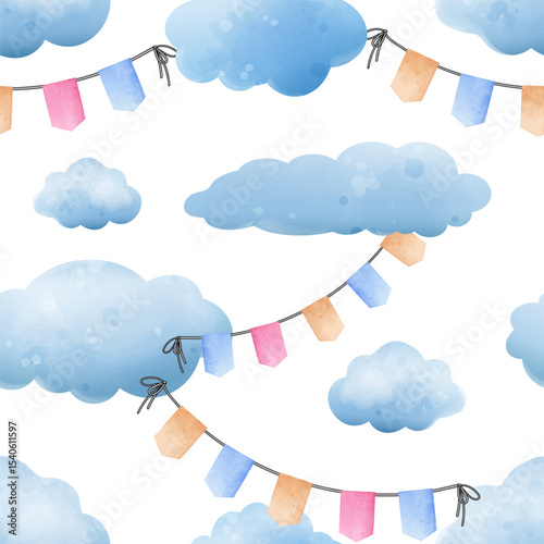 Cute seamless pattern with clouds and garlands with flags. Vector background in watercolor style for baby shower design