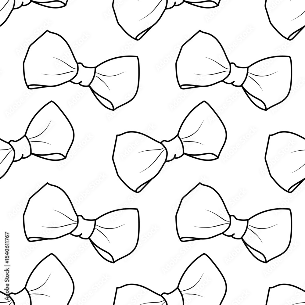 Seamless pattern with hand drawn black contour bow tie on a white background. Black and white cute background for textile design, wrapping paper, anniversary. Vector illustration