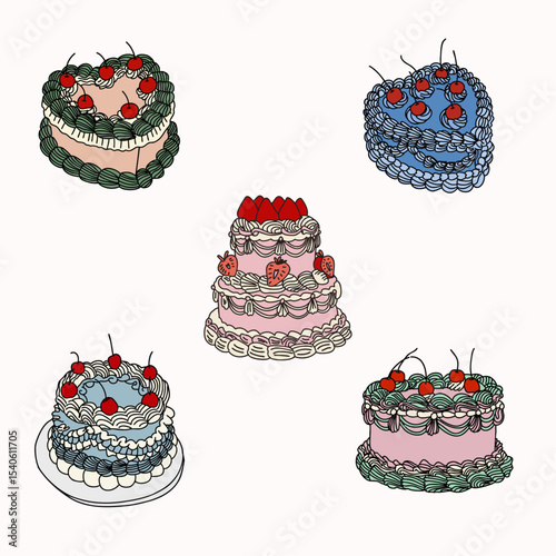 set of hand drawn cake illustrations