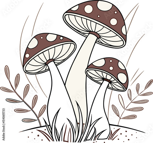 Elegant Mushroom Trio with Delicate Branches Design perfect for branding and logos