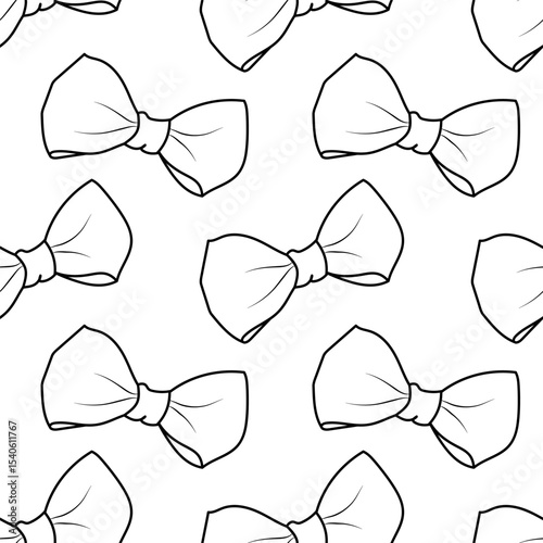 Seamless pattern with hand drawn black contour bow tie on a white background. Black and white cute background for textile design, wrapping paper, anniversary. Vector illustration