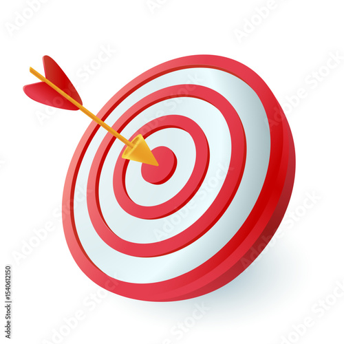 Dart hitting center of target 3D icon. Arrow hitting aim or bullseye 3D vector illustration on white background. Goal, success, achievement, marketing strategy concept
