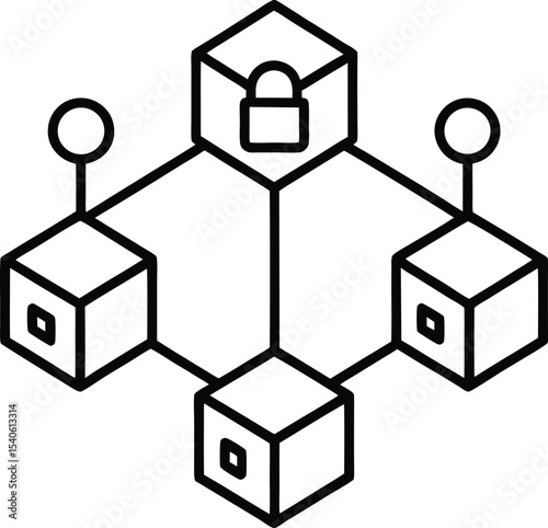 Blockchain Security with Interconnected Digital Blocks Vector Line art illustration