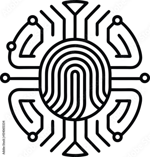 Biometric Security with Fingerprint and Circuit Design Vector Line art illustration
