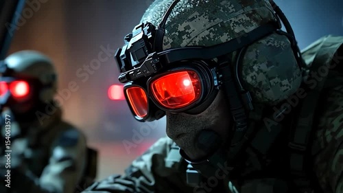 Armed Soldiers in Camouflage Gear Wearing Night Vision Goggles in Dark Environment
