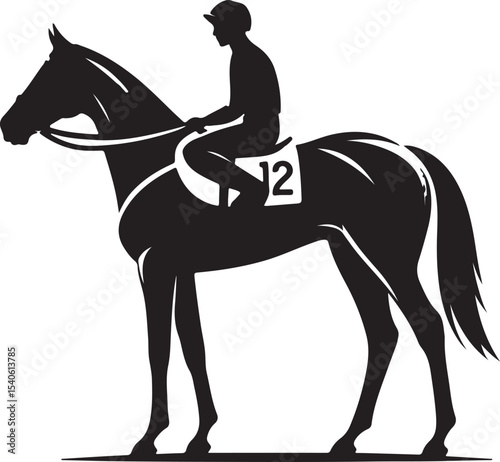 A black silhouette of a horse and jockey with number twelve on the saddle against white background