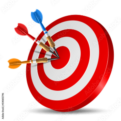 Red dart arrow hitting in the target center of dartboard