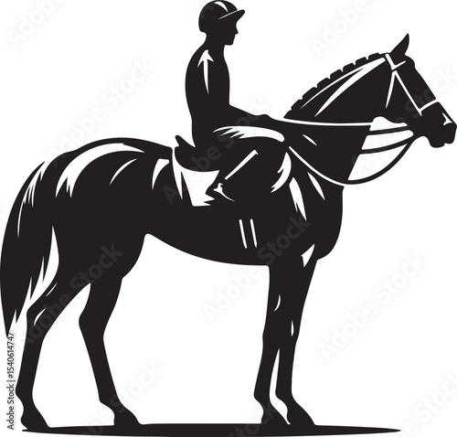 Silhouette of a jockey riding a horse in black and white vector illustration on white background