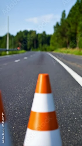 Orange and white striped safety cones standing in the middle of a road to alert drivers of construction.