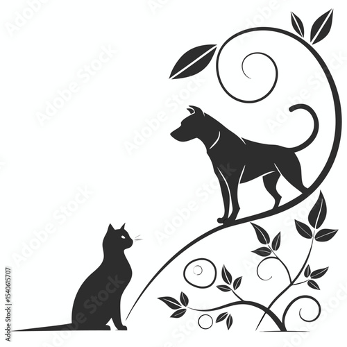 Elegant Black and White Illustration of a Dog and Cat amidst Floral Swirls