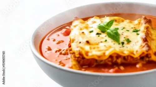 Bowl of deconstructed lasagna soup with cheesy noodles, meat and tomato sauce, garnished with basil on a white background