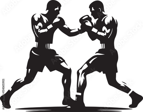 Two boxers facing each other in a fighting stance with gloves and shorts in a stylized illustration
