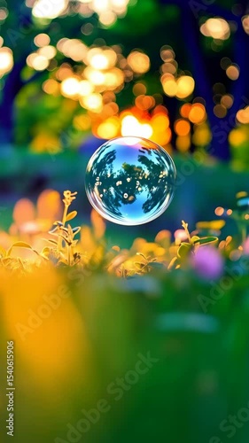 Transparent sphere floats above plants in a sunlit field with blurry bokeh background showcasing serene nature and reflections